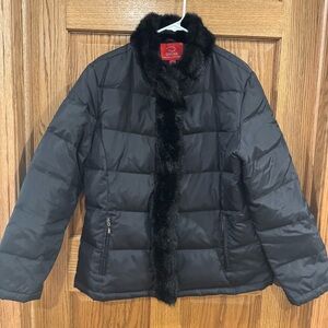 Oscar de la Renta Black Down Puffer Jacket Faux Fur Trim Size L